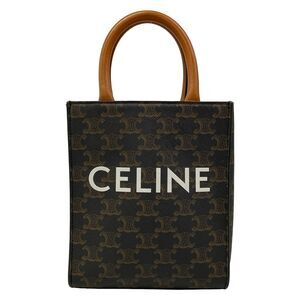 Celine Mini Vertical Cabas Tote Bag Black Brown Triomphe Canvas Calf Skin